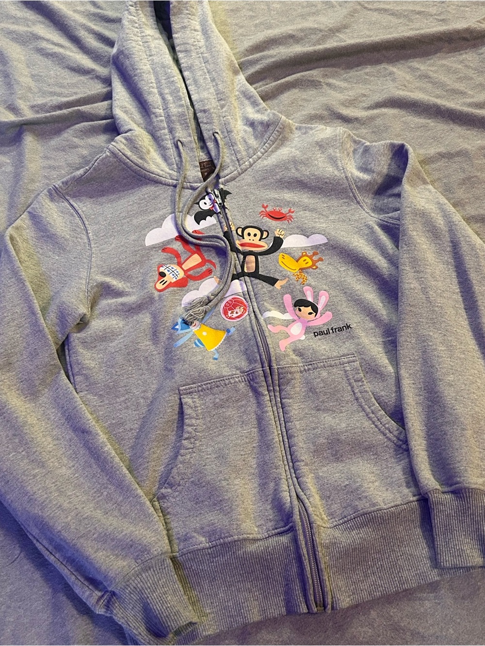 Vintage Y2K Paul Frank Grey Graphic Zip Up Hoodie Fitted Baby Tee Style Juniors